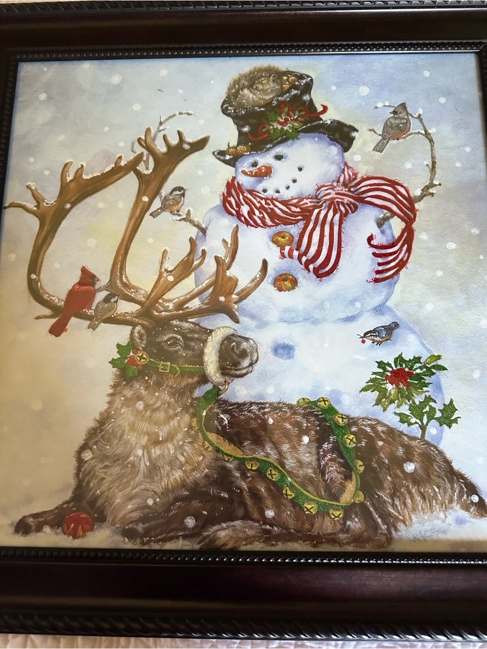 Holiday Snowman & Reindeer Framed Wall Art - Brown Frame